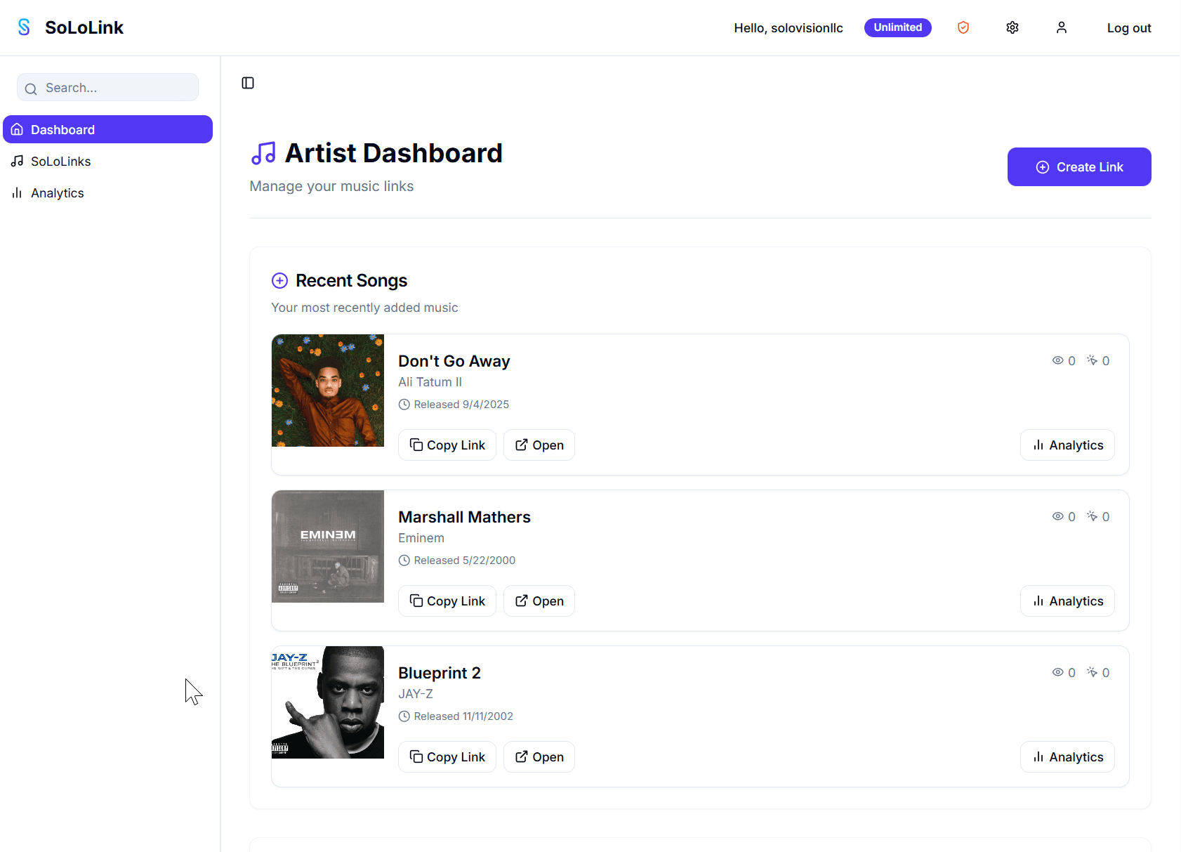 SoLoLink dashboard interface