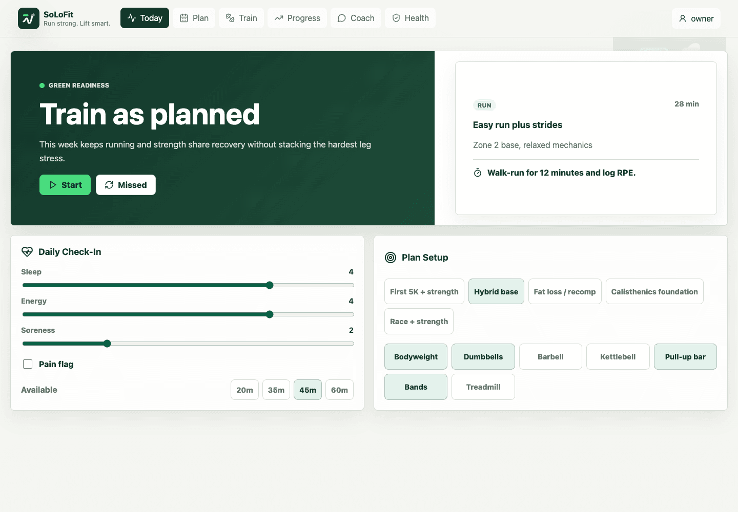 SoLoFit today dashboard screenshot