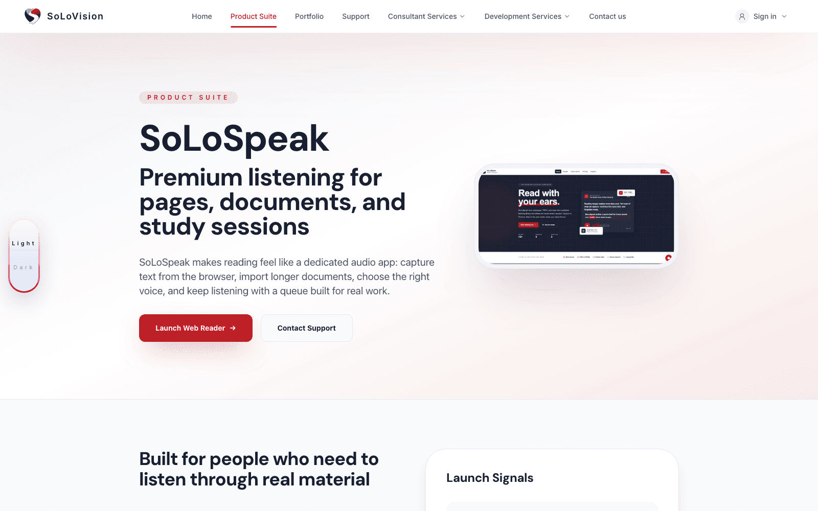 SoLoSpeak landing page screenshot