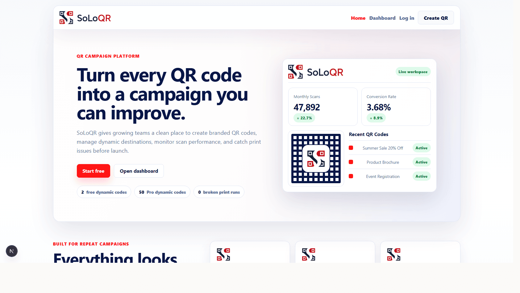 SoLoQR dashboard and landing preview